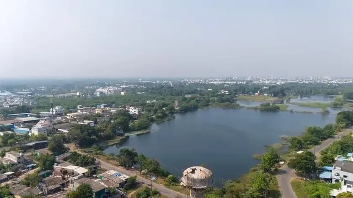 Framed Print : Beautiful Aerial View of Square lake. Aerial photography with drone