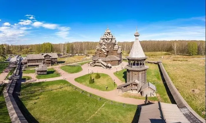 Framed Print : Beautiful Aerial view to traditional Russian village with orthodox wooden chapel and bell tower in Bogoslovka manor