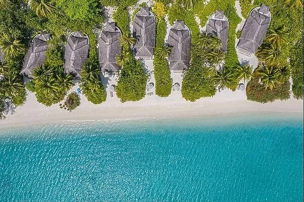 Beautiful atoll and island in Maldives from aerial view. Tranquil tropical landscape and seascape with palm trees on white sandy beach, amazing nature