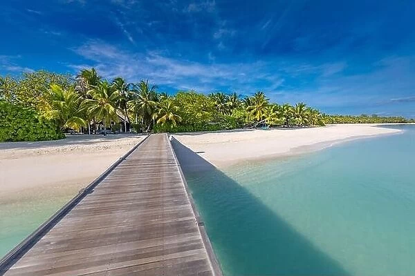 Beautiful beach in Maldives. Long jetty vacations and tourism concept. Tropical resort beach landscape, paradise island, travel concept