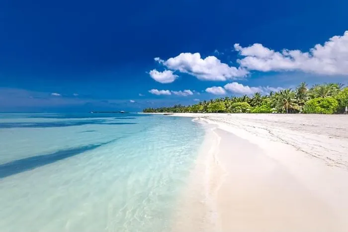 Framed Print : Beautiful beach with palm trees on tropical island beach on background blue sky with white clouds and turquoise ocean on sunny day. Exotic beach scene Framed Print : Beautiful beach with palm trees on tropical island beach on background blue sky with white clouds and turquoise ocean on sunny day. Exotic beach scene