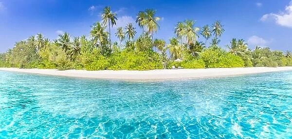 Beautiful beach and tropical sea. Wonderful beach nature, Maldives scenery, perfect view of exotic landscape, white sand and blue sky. Luxury beach