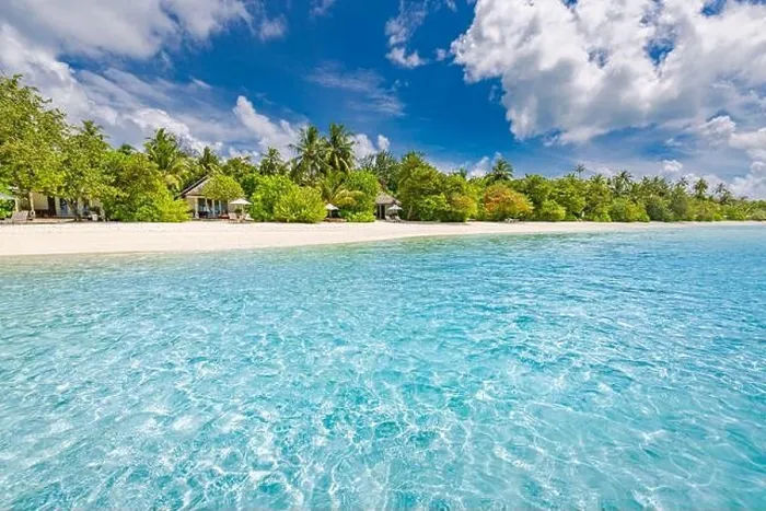 Framed Print : Beautiful beach and tropical sea. Wonderful beach nature, Maldives scenery, perfect view of exotic landscape, white sand and blue sky. Luxury resort