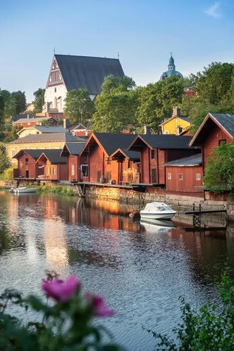 Framed Print : Beautiful city landscape with idyllic river and old buildings at summer evening in Porvoo, Finland Framed Print : Beautiful city landscape with idyllic river and old buildings at summer evening in Porvoo, Finland