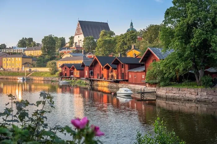 Framed Print : Beautiful city landscape with idyllic river and old buildings at summer evening in Porvoo, Finland Framed Print : Beautiful city landscape with idyllic river and old buildings at summer evening in Porvoo, Finland