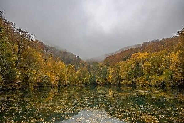 Beautiful, colorful autumn lake. Amazing water reflection, peaceful nature scenery. Yellow orange leaves, misty morning light. Relax autumnal fall