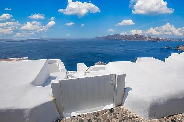 Beautiful details of the island of Santorini, white houses, blue doors and shutters, scenic views of the Aegean Sea. Summer travel landscape, rural