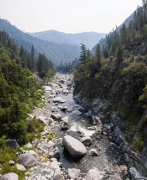 The beautiful Feather River, a tributary to the Sacramento River, flows through a scenic canyon in Northern California Sierra Nevada Mountains