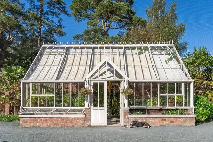 Framed Print : A beautiful formal Victorian style greenhouse in an English country walled garden with a lazy dog fast asleep outside Framed Print : A beautiful formal Victorian style greenhouse in an English country walled garden with a lazy dog fast asleep outside