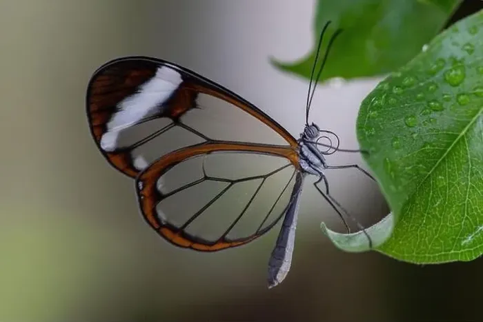 Framed Print : Beautiful Glasswing Butterfly (Greta oto) on a leaf with raindrops in a summer garden Framed Print : Beautiful Glasswing Butterfly (Greta oto) on a leaf with raindrops in a summer garden