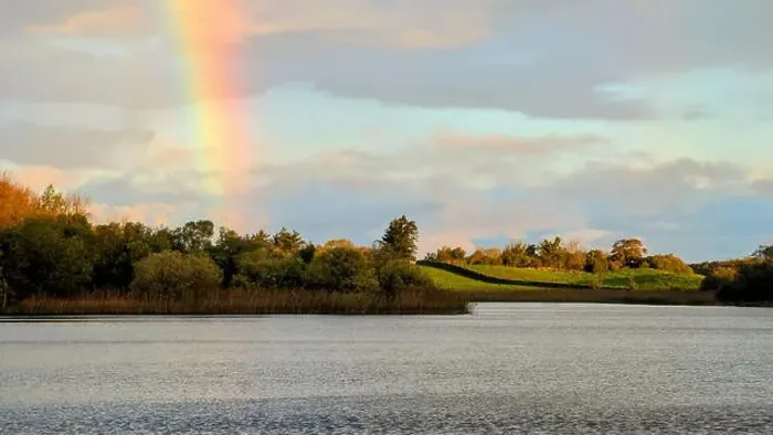 Framed Print : Beautiful lakeside landscape scenery, Rainbow over Ross lake at Rosscahill, Galway, Ireland, nature