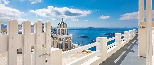 Beautiful landscape from Oia town on Santorini island, Greece. Traditional and famous houses and churches with blue domes over the Caldera, Aegean sea