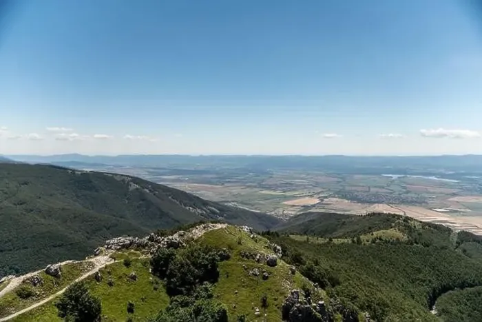 Framed Print : Beautiful landscape view from a mountain top with blue sky and some clouds