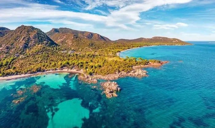 Framed Print : Beautiful marine scenery. Charming spring view from flying drone of Tamaricciu beach Framed Print : Beautiful marine scenery. Charming spring view from flying drone of Tamaricciu beach