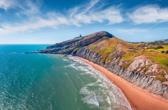 Framed Print : Beautiful marine scenery. Superb morning view from flying drone of empty Giallonardo Beach Framed Print : Beautiful marine scenery. Superb morning view from flying drone of empty Giallonardo Beach