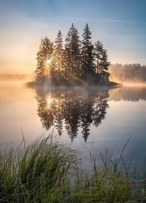 Framed Print : Beautiful morning glow with calm landscape with mood sunsrise and sunlight at summer morning in Finland Framed Print : Beautiful morning glow with calm landscape with mood sunsrise and sunlight at summer morning in Finland