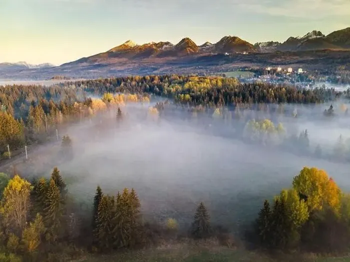 Framed Print : Beautiful Morning in High Tatras Mountains. Mist Over Fall Foliage. Aerial Drone View Framed Print : Beautiful Morning in High Tatras Mountains. Mist Over Fall Foliage. Aerial Drone View