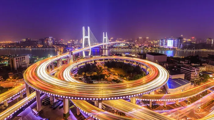 Framed Print : beautiful nanpu bridge at night, crosses huangpu river, shanghai, China