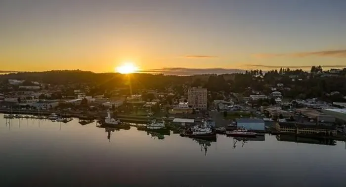 Framed Print : Beautiful orange sunset with sun star over Coos Bay, Oregon in United States Framed Print : Beautiful orange sunset with sun star over Coos Bay, Oregon in United States