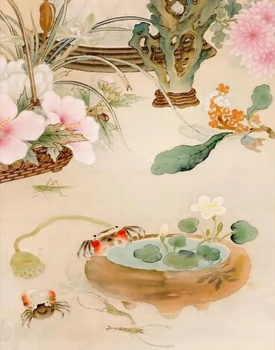 Framed Print : Beautiful oriental floral design featuring charming crabs and a lobster Framed Print : Beautiful oriental floral design featuring charming crabs and a lobster