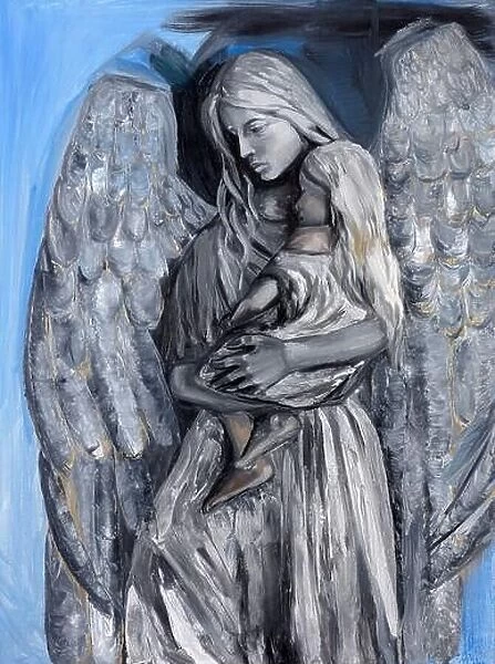 Beautiful painting texture with a mother, angel and child
