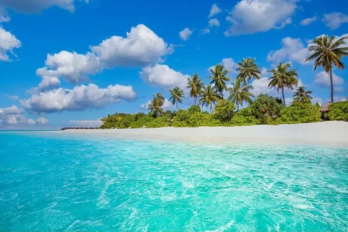 Framed Print : Beautiful palm trees on tropical island beach blue sky with white clouds and turquoise ocean lagoon on sunny day. Amazing natural landscape for summer Framed Print : Beautiful palm trees on tropical island beach blue sky with white clouds and turquoise ocean lagoon on sunny day. Amazing natural landscape for summer