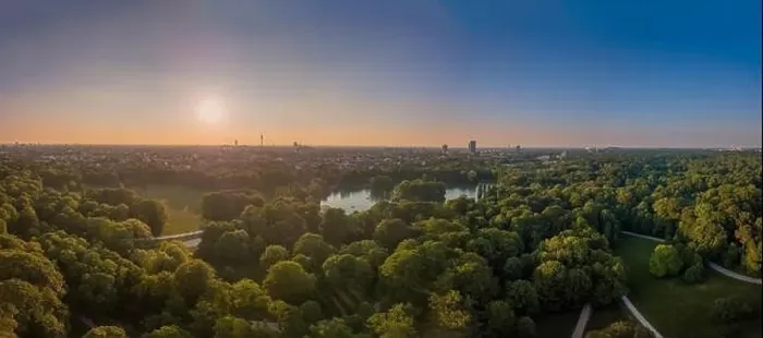 Framed Print : Beautiful panorama of Munichs Englischer Garten, captured by a drone at sunset Framed Print : Beautiful panorama of Munichs Englischer Garten, captured by a drone at sunset