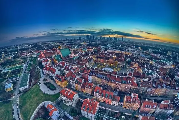 Framed Print : Beautiful panoramic aerial drone skyline sunset view of the Warsaw City Centre with skyscrapers of the Warsaw City