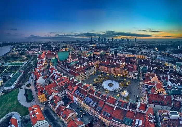 Framed Print : Beautiful panoramic aerial drone skyline sunset view of the Warsaw City Centre with skyscrapers of the Warsaw City