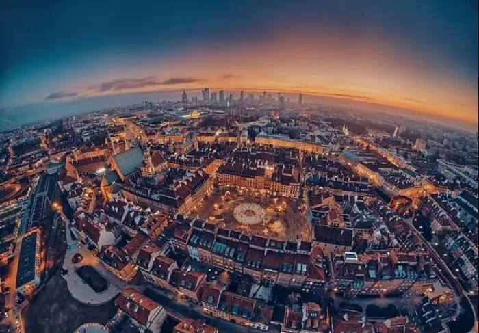 Framed Print : Beautiful panoramic aerial drone skyline sunset view of the Warsaw City Centre with skyscrapers of the Warsaw City