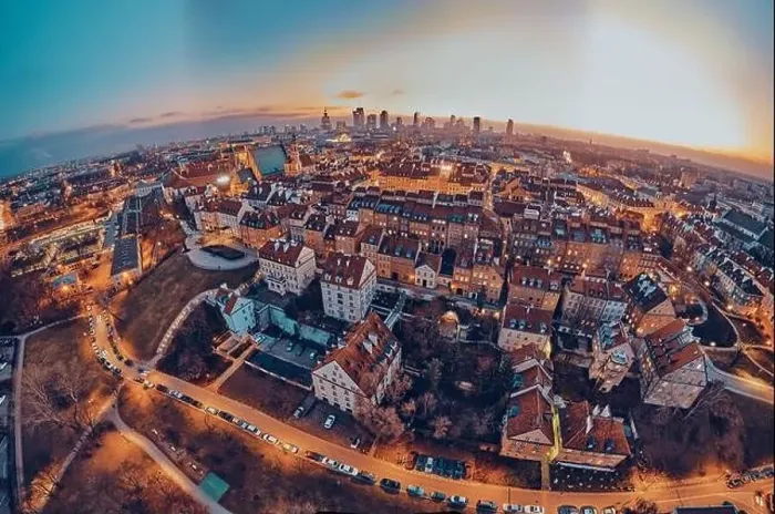 Framed Print : Beautiful panoramic aerial drone skyline sunset view of the Warsaw City Centre with skyscrapers of the Warsaw City