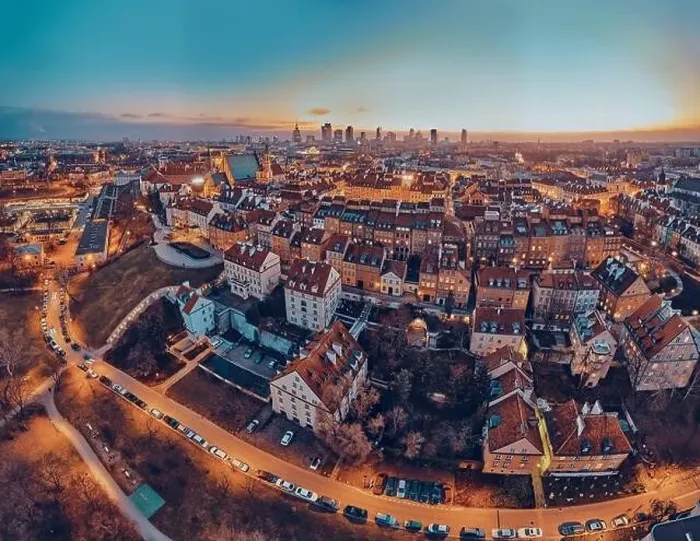 Framed Print : Beautiful panoramic aerial drone skyline sunset view of the Warsaw City Centre with skyscrapers of the Warsaw City