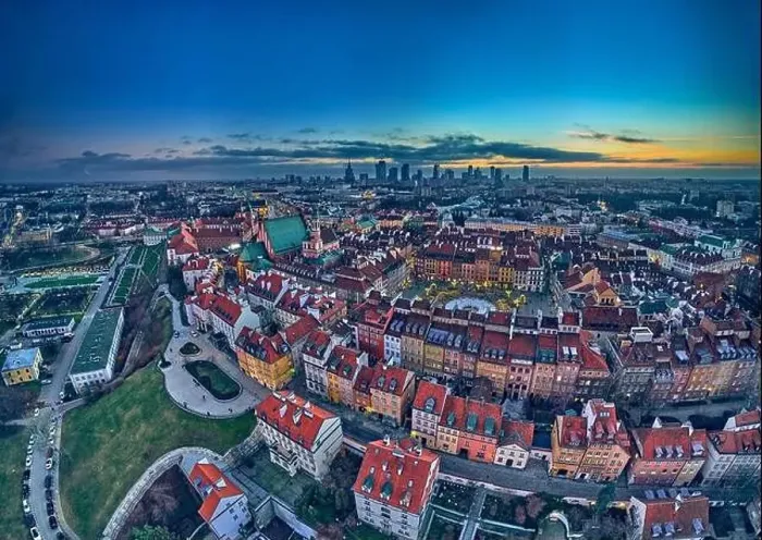 Framed Print : Beautiful panoramic aerial drone skyline sunset view of the Warsaw City Centre with skyscrapers of the Warsaw City
