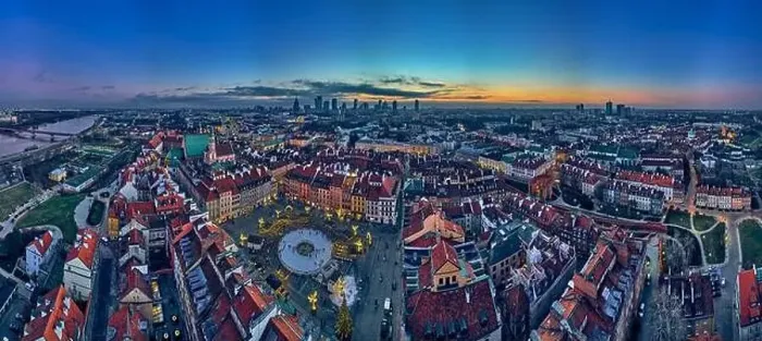 Framed Print : Beautiful panoramic aerial drone skyline sunset view of the Warsaw City Centre with skyscrapers of the Warsaw City
