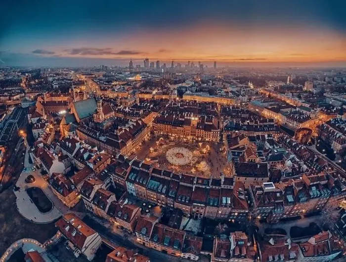 Framed Print : Beautiful panoramic aerial drone skyline sunset view of the Warsaw City Centre with skyscrapers of the Warsaw City