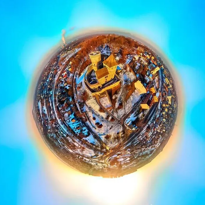 Framed Print : Beautiful panoramic aerial drone view little planet - 360 degree panorama to the Bedzin Castle Framed Print : Beautiful panoramic aerial drone view little planet - 360 degree panorama to the Bedzin Castle