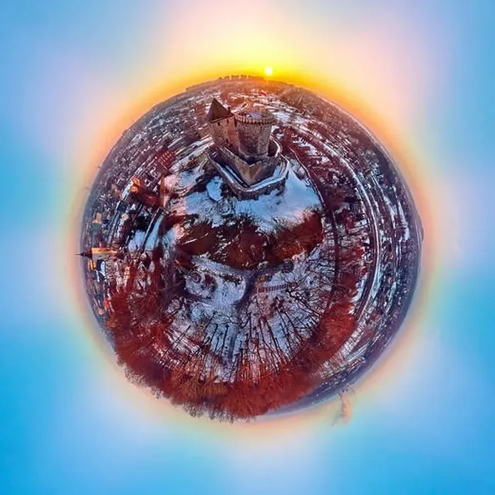 Framed Print : Beautiful panoramic aerial drone view little planet - 360 degree panorama to the Bedzin Castle