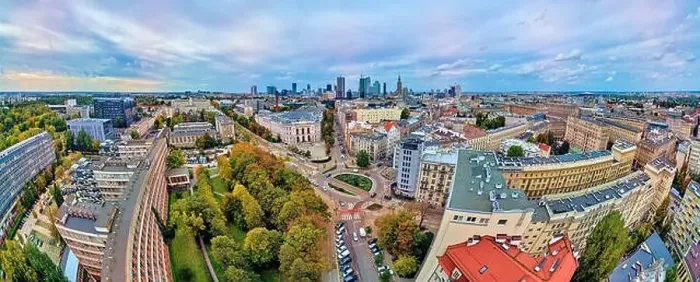 Framed Print : Beautiful panoramic aerial drone view to The Main Building of the Warsaw University of Technology - the historic Framed Print : Beautiful panoramic aerial drone view to The Main Building of the Warsaw University of Technology - the historic