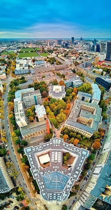 Framed Print : Beautiful panoramic aerial drone view to The Main Building of the Warsaw University of Technology - the historic