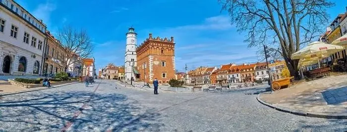 Framed Print : Beautiful panoramic aerial drone view to the market square in Sandomierz - with the Gothic town hall in the middle - a Framed Print : Beautiful panoramic aerial drone view to the market square in Sandomierz - with the Gothic town hall in the middle - a