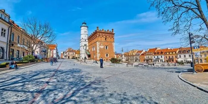 Framed Print : Beautiful panoramic aerial drone view to the market square in Sandomierz - with the Gothic town hall in the middle - a Framed Print : Beautiful panoramic aerial drone view to the market square in Sandomierz - with the Gothic town hall in the middle - a