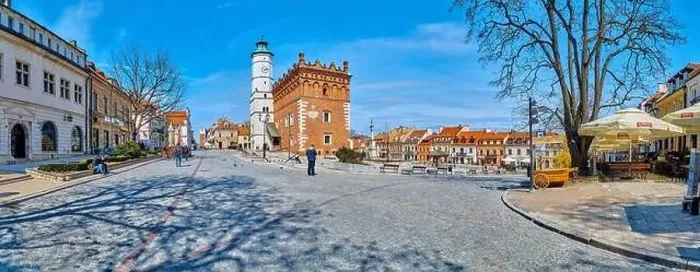 Framed Print : Beautiful panoramic aerial drone view to the market square in Sandomierz - with the Gothic town hall in the middle - a Framed Print : Beautiful panoramic aerial drone view to the market square in Sandomierz - with the Gothic town hall in the middle - a