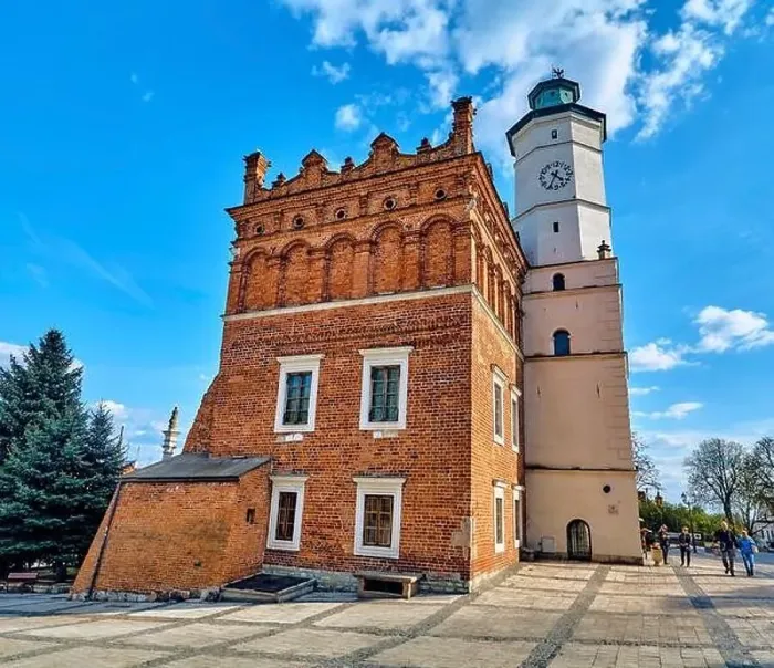 Framed Print : Beautiful panoramic aerial drone view to the market square in Sandomierz - with the Gothic town hall in the middle - a Framed Print : Beautiful panoramic aerial drone view to the market square in Sandomierz - with the Gothic town hall in the middle - a