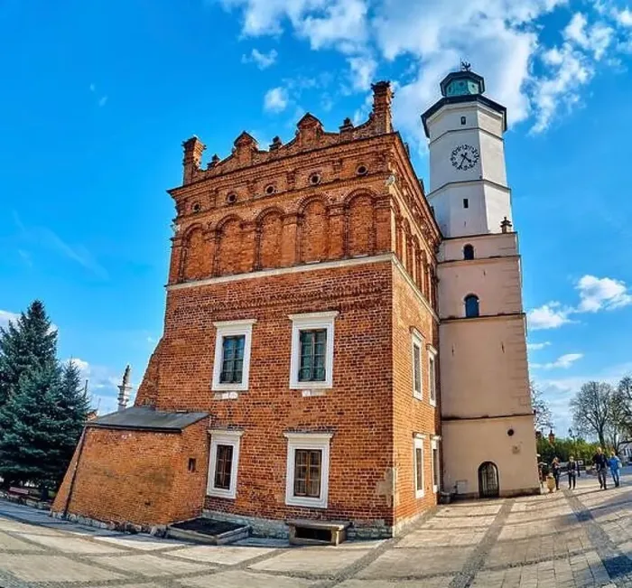 Framed Print : Beautiful panoramic aerial drone view to the market square in Sandomierz - with the Gothic town hall in the middle - a Framed Print : Beautiful panoramic aerial drone view to the market square in Sandomierz - with the Gothic town hall in the middle - a