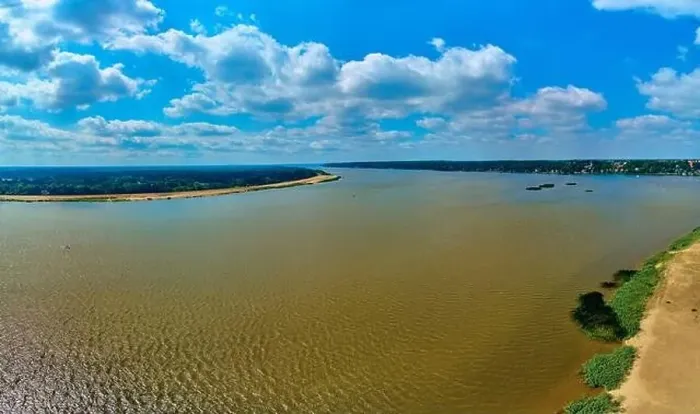 Framed Print : Beautiful panoramic aerial drone view to the place of connecting the Bug