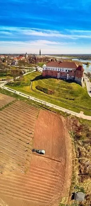 Framed Print : Beautiful panoramic aerial drone view to the Sandomierz Royal Castle - planting vines in the vineyard of St Framed Print : Beautiful panoramic aerial drone view to the Sandomierz Royal Castle - planting vines in the vineyard of St