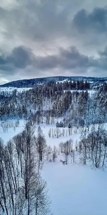 Framed Print : Beautiful panoramic aerial drone view on a winter landscape in the Stolowe mountains during a snowfall Framed Print : Beautiful panoramic aerial drone view on a winter landscape in the Stolowe mountains during a snowfall