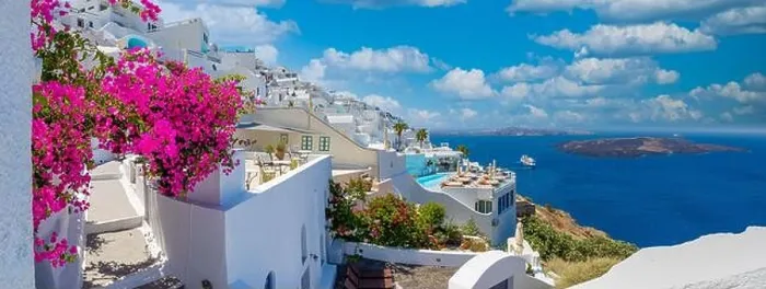 Framed Print : Beautiful panoramic travel view on the mediterranean blue sea, caldera and volcano. Traditional white architecture of Santorini island, Thira, Greece Framed Print : Beautiful panoramic travel view on the mediterranean blue sea, caldera and volcano. Traditional white architecture of Santorini island, Thira, Greece