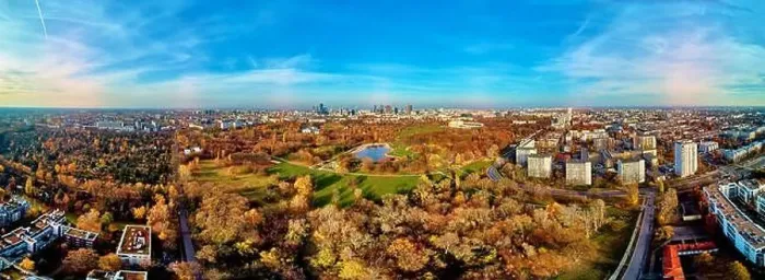Framed Print : A beautiful panoramic view of the sunset in a fabulous November autumn evening at sunset from drone at Pola Mokotowskie