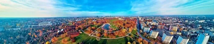 Framed Print : A beautiful panoramic view of the sunset in a fabulous November autumn evening at sunset from drone at Pola Mokotowskie